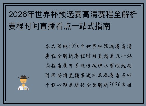 2026年世界杯预选赛高清赛程全解析赛程时间直播看点一站式指南 2026年世界杯预选赛高清赛程全解析赛程时间直播看点一站式指南